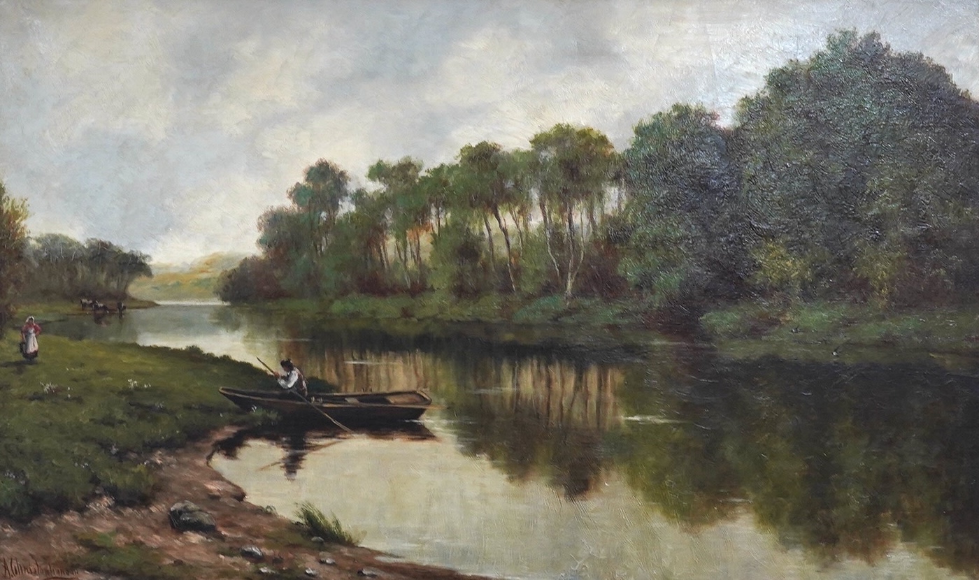 A. Christopherson, oil on canvas, Riverscape with figure and boat, signed, 44 x 75cm. Condition - good